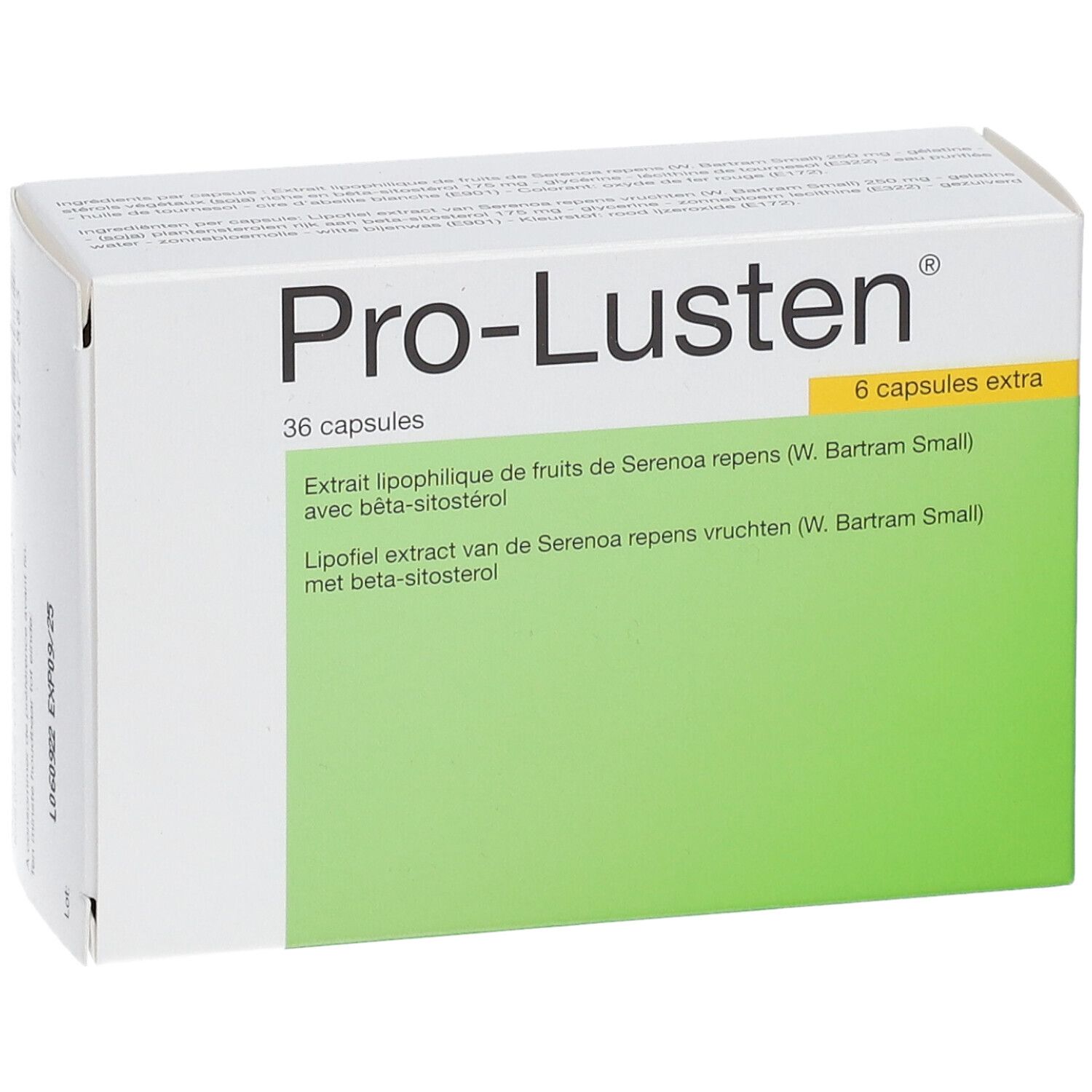 Boîte blanche "Pro-Lusten". Contient 36 capsules + 6 en plus. Accents verts et jaunes. Texte multilingue.
