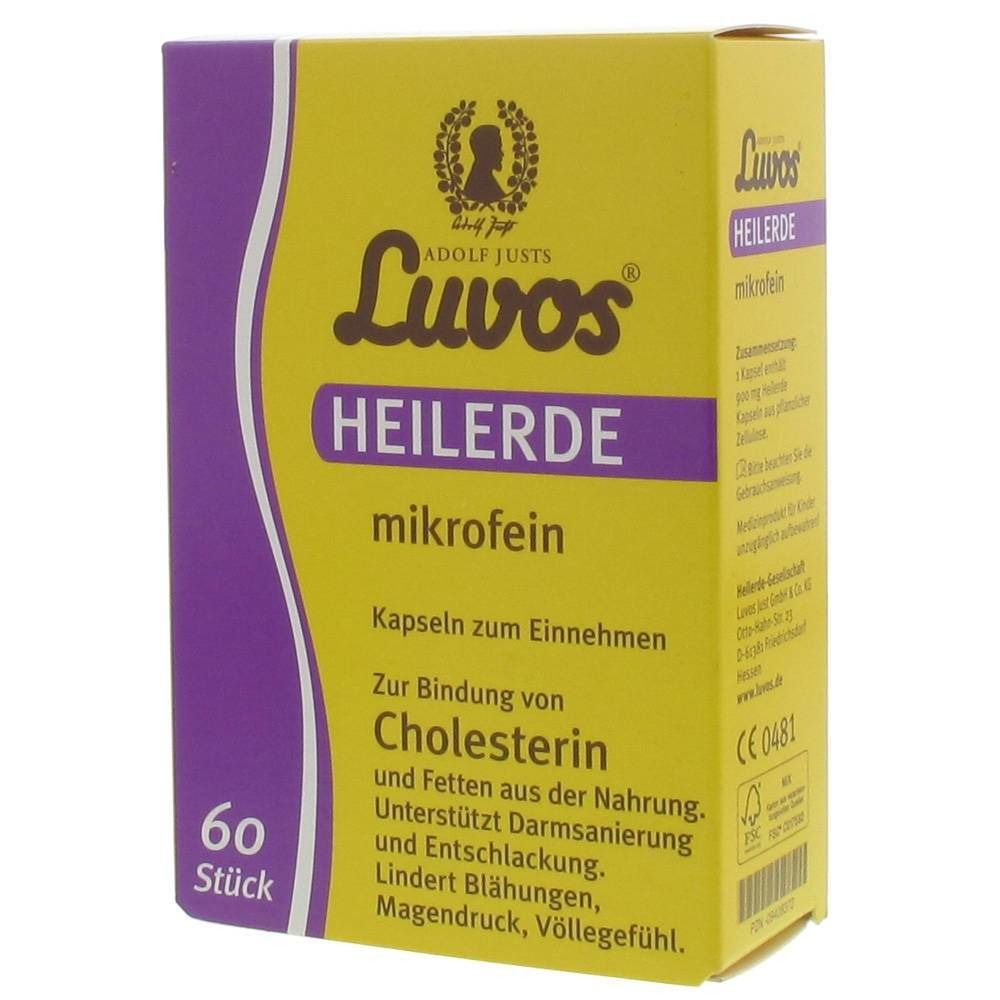 Gele doos met productinformatie. Opschrift: Luvos Heilerde mikrofein, 60 stuks. Voor binding van cholesterol.