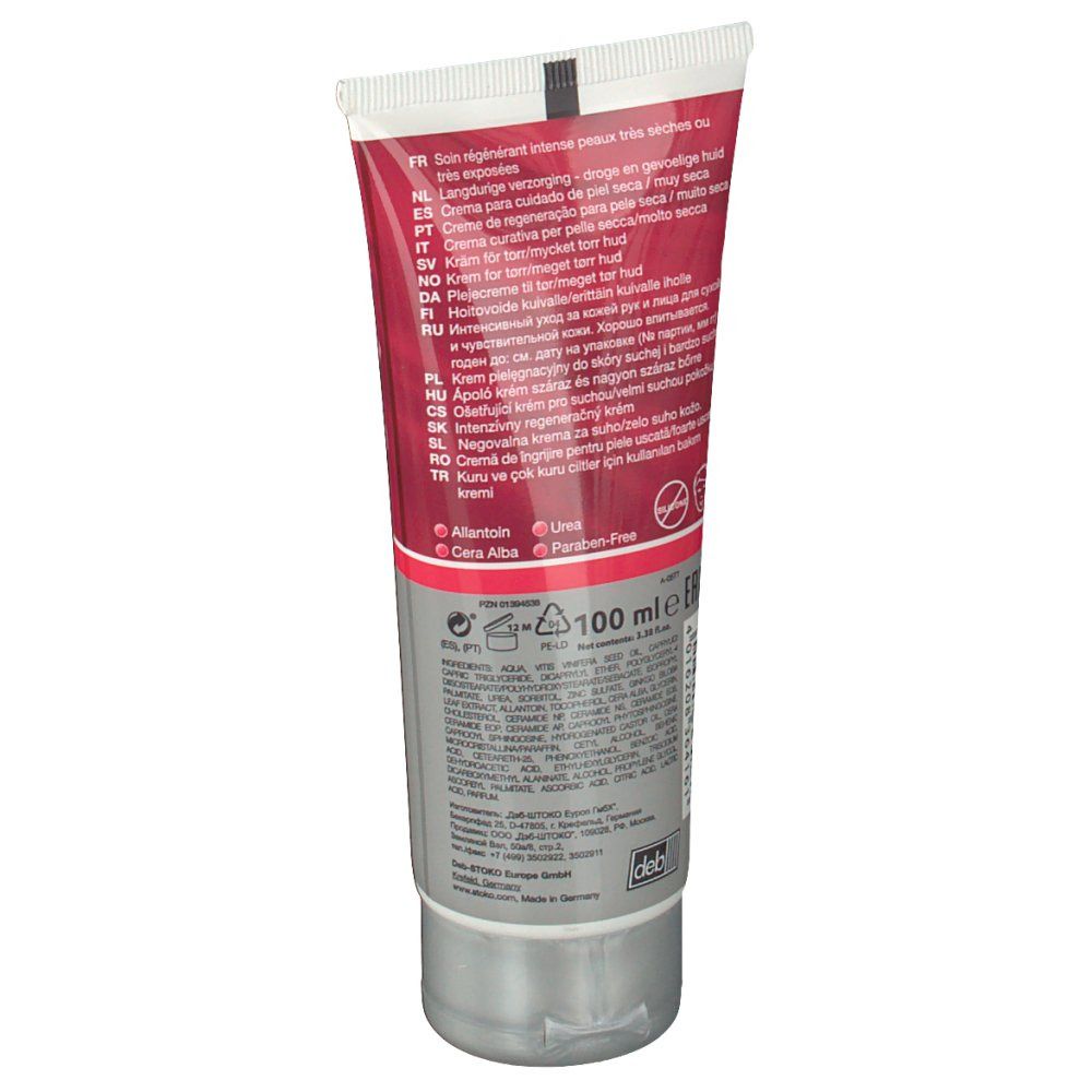 Dos du tube de crème STOKOLAN® Intensiv-Reparierende Creme. Texte multilingue. Contient 100 ml. Contient Cera Alba et est sans parabène.