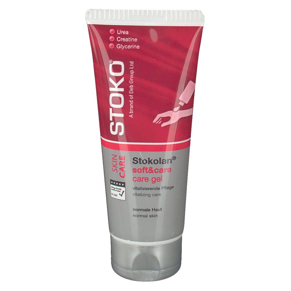 Tube de crème rouge et grise. Inscription : STOKO, Skin Care, Stokolan soft&care care gel.