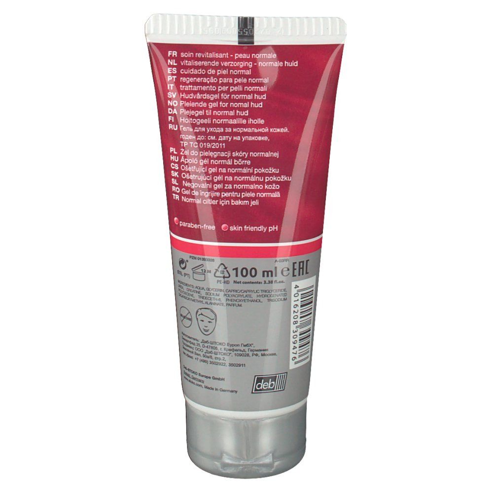 Dos d'un tube. Partie supérieure rouge, corps gris. Inscription : 100 ml, ingrédients, informations fabricant.