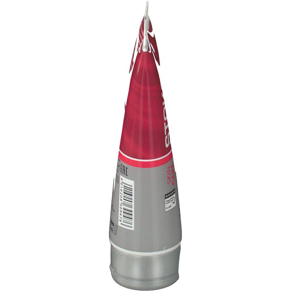 Vue latérale d'un tube. Partie supérieure rouge, corps gris. Code-barres et informations fabricant.