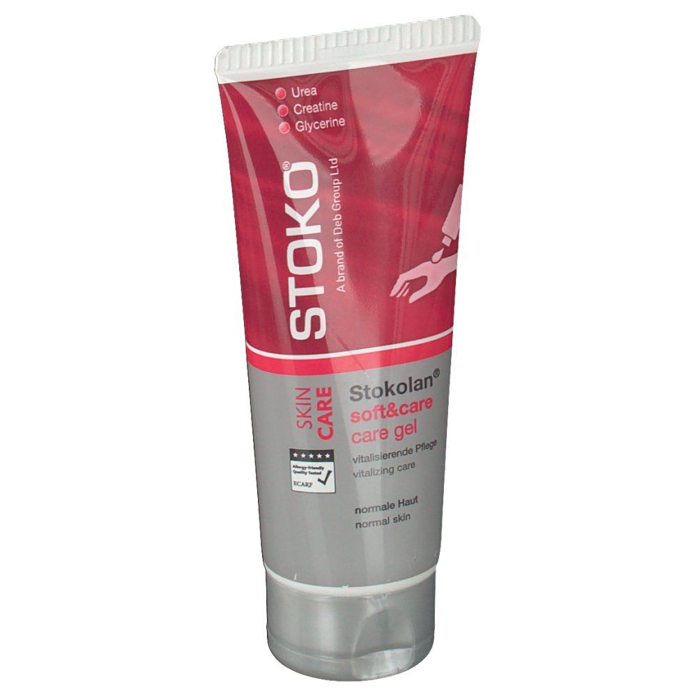 Tube de crème rouge et grise. Inscription : STOKO, Skin Care, Stokolan soft&care care gel.