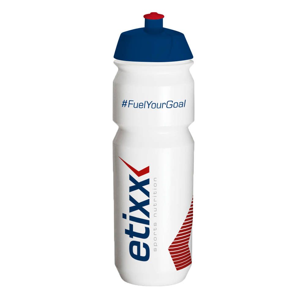 Transparante drinkfles met blauwe dop. Opschrift: etixx sports nutrition en #FuelYourGoal.
