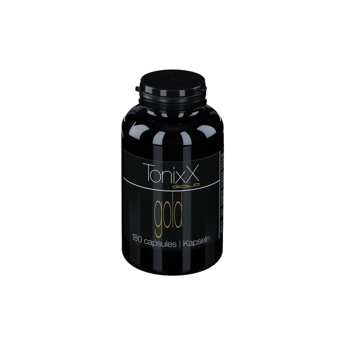 Flacon noir avec bouchon noir. Inscription: Tonixx Gold, 180 capsules.