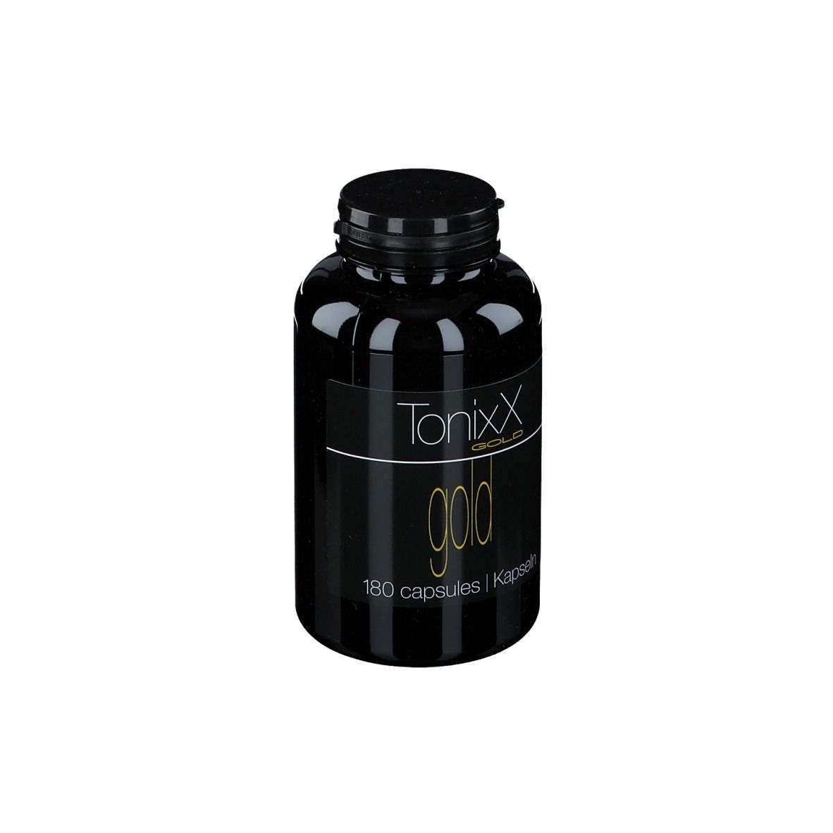 Flacon noir avec bouchon noir. Inscription: Tonixx Gold, 180 capsules.