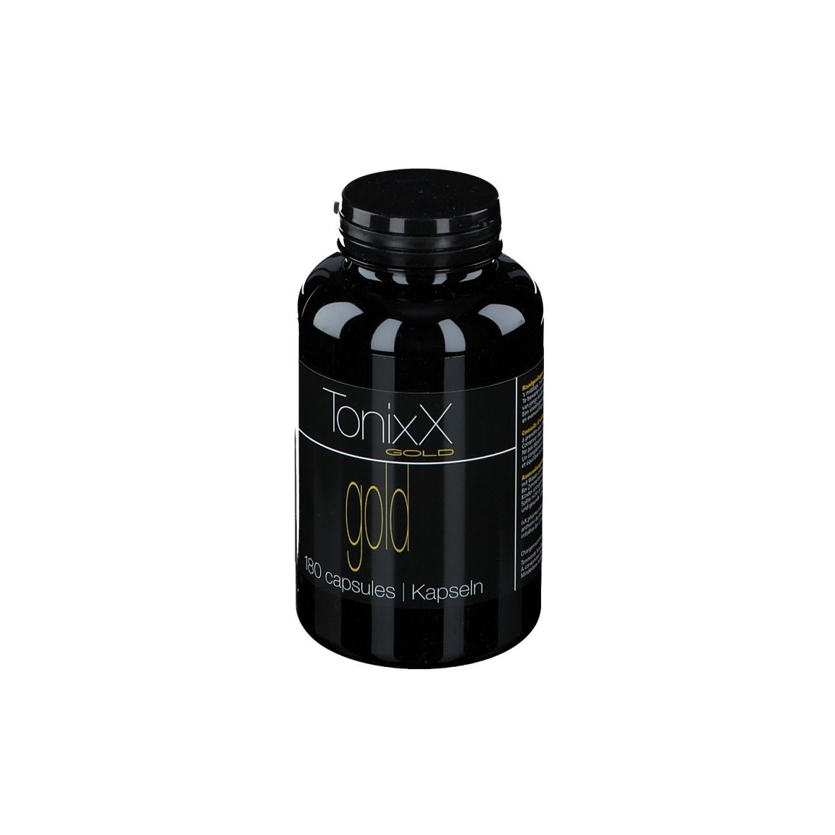 Flacon noir avec bouchon noir. Inscription: Tonixx Gold, 180 capsules.