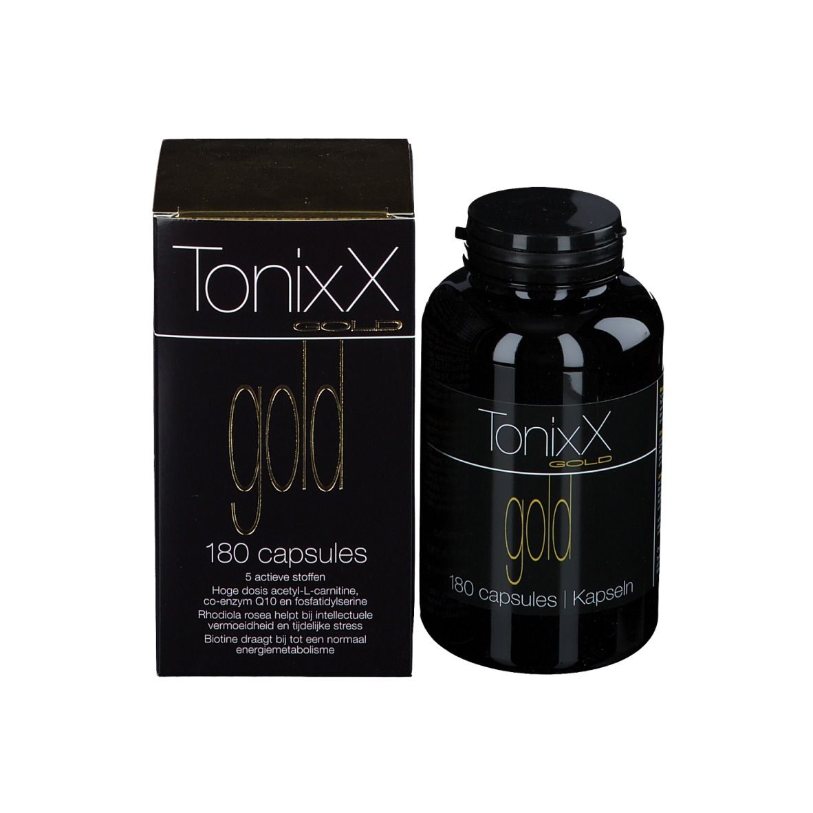 Flacon et boîte noirs. Inscription: Tonixx Gold, 180 capsules. Informations supplémentaires.