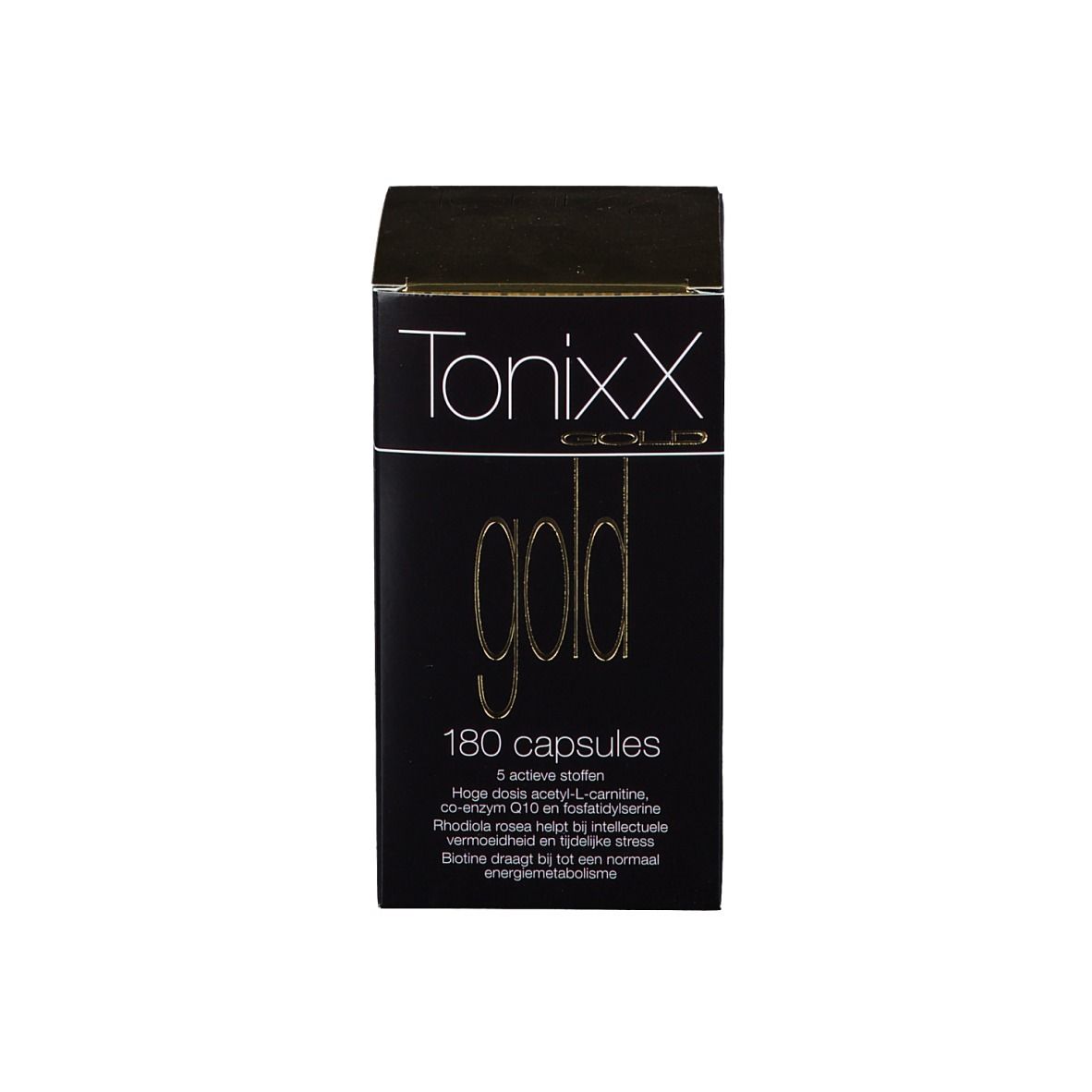 Boîte noire. Inscription: Tonixx Gold, 180 capsules. Informations supplémentaires.