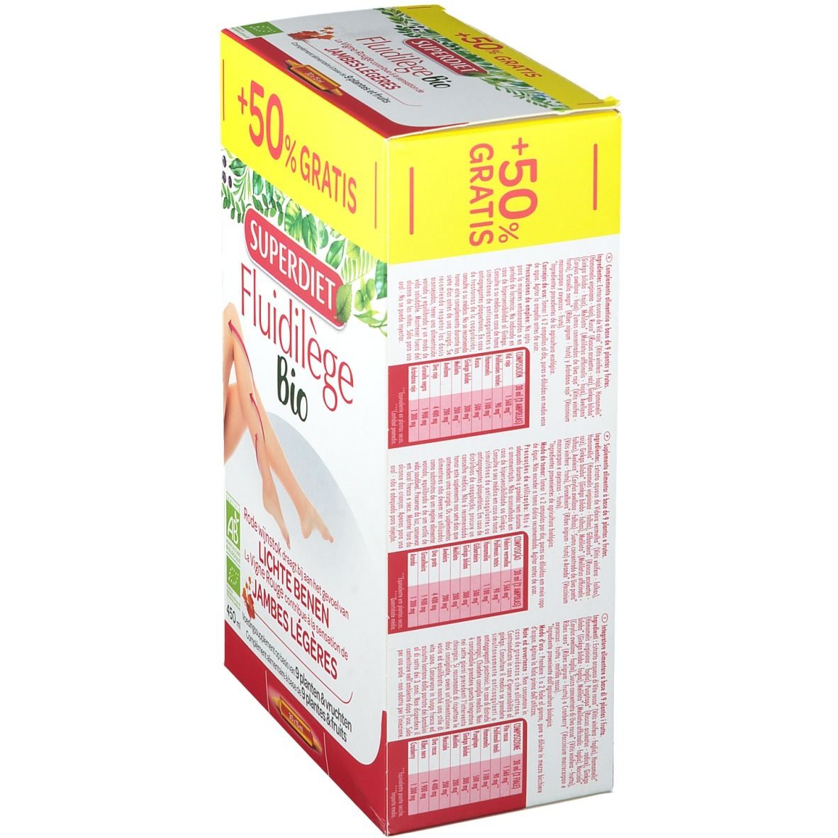 Boîte Super Diet Fluidilège Bio, vue latérale. Informations produit et texte. Bande jaune avec '+50% GRATIS'.