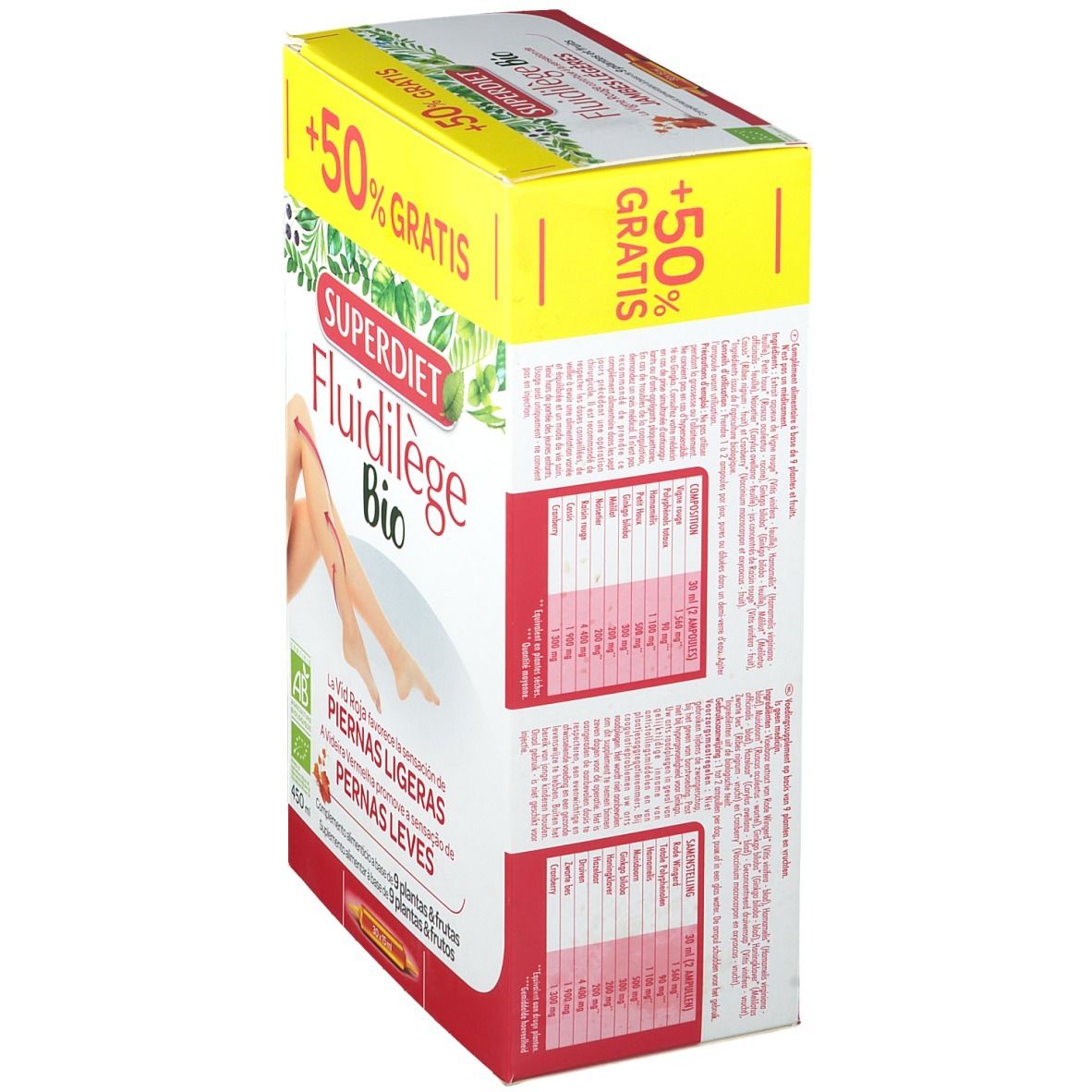 Boîte Super Diet Fluidilège Bio, vue latérale. Informations produit et texte. Bande jaune avec '+50% GRATIS'.