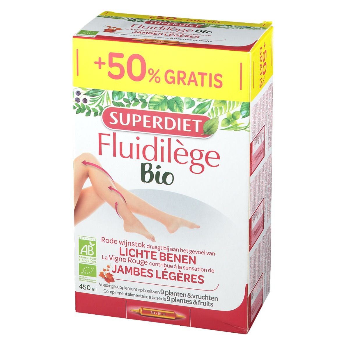 Boîte Super Diet Fluidilège Bio. Vue de face avec nom, illustration de jambes et texte. Certification bio.