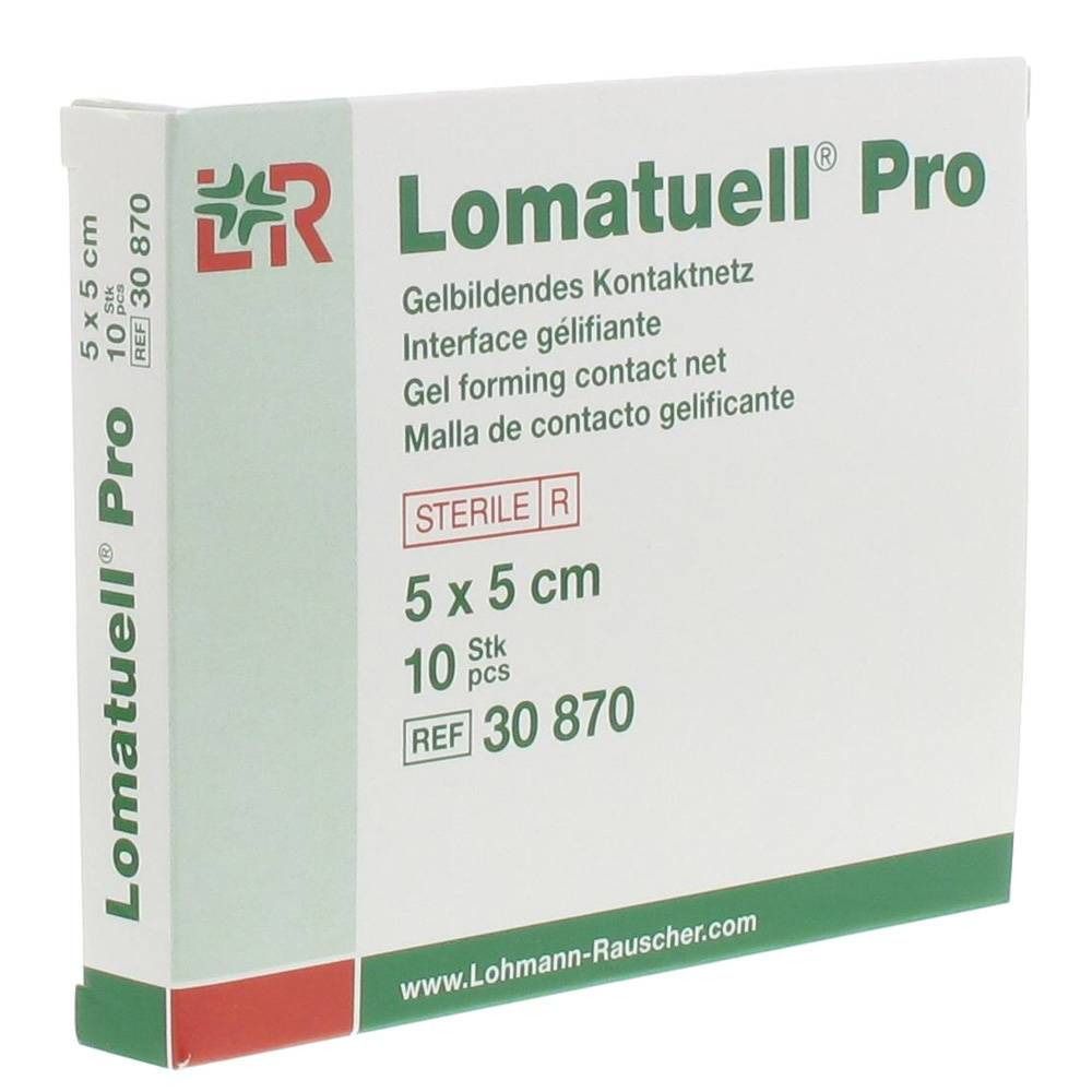 Verpackung von Lomatuell Pro, 5 x 5 cm, 10 Stück. Aufschrift: Gelbildendes Kontaktnetz, steril. Produktcode 30870.