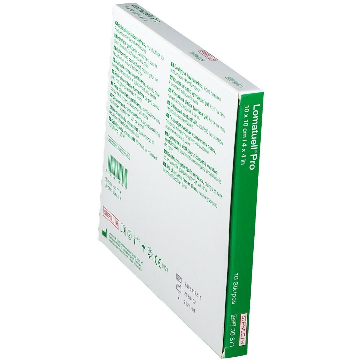Vue en biais de la boîte Lomatuell Pro. Texte multilingue. Indication stérile.