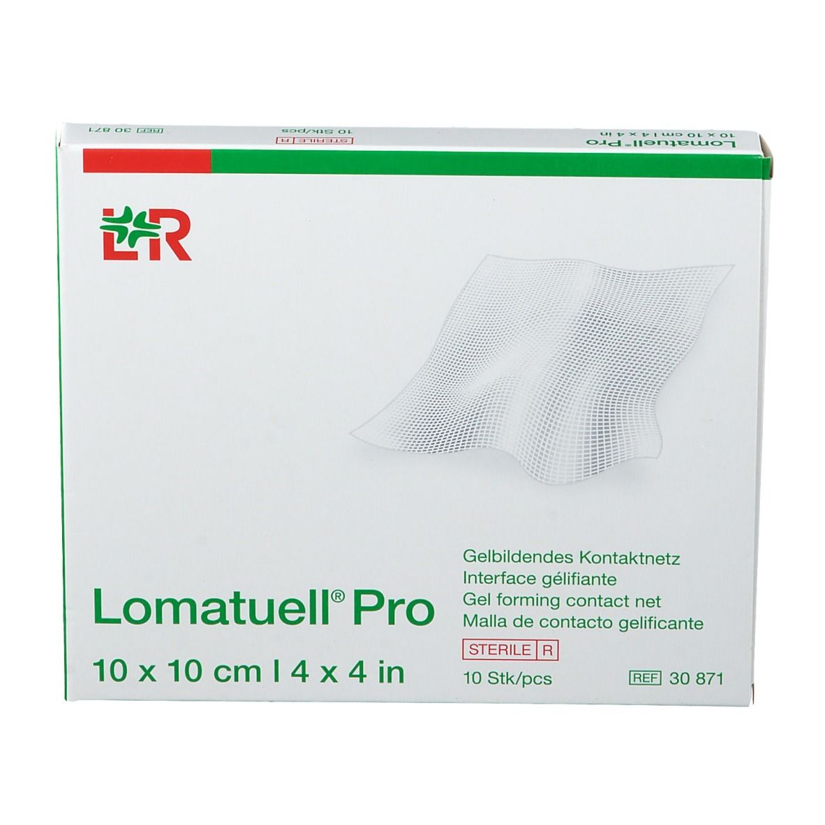 Boîte de Lomatuell Pro, 10 x 10 cm. Filet de contact formant gel. 10 pièces. Stérile.