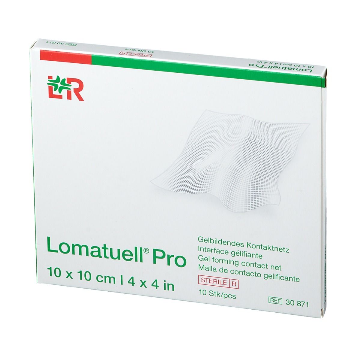 Boîte de Lomatuell Pro, 10 x 10 cm. Filet de contact formant gel. 10 pièces. Stérile.