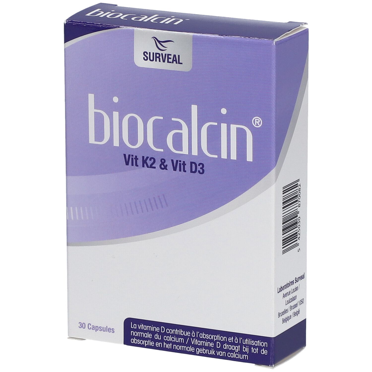 Boîte de gélules "biocalcin". Inscription: Vit K2 & Vit D3. 30 gélules. Marque: Surveal.