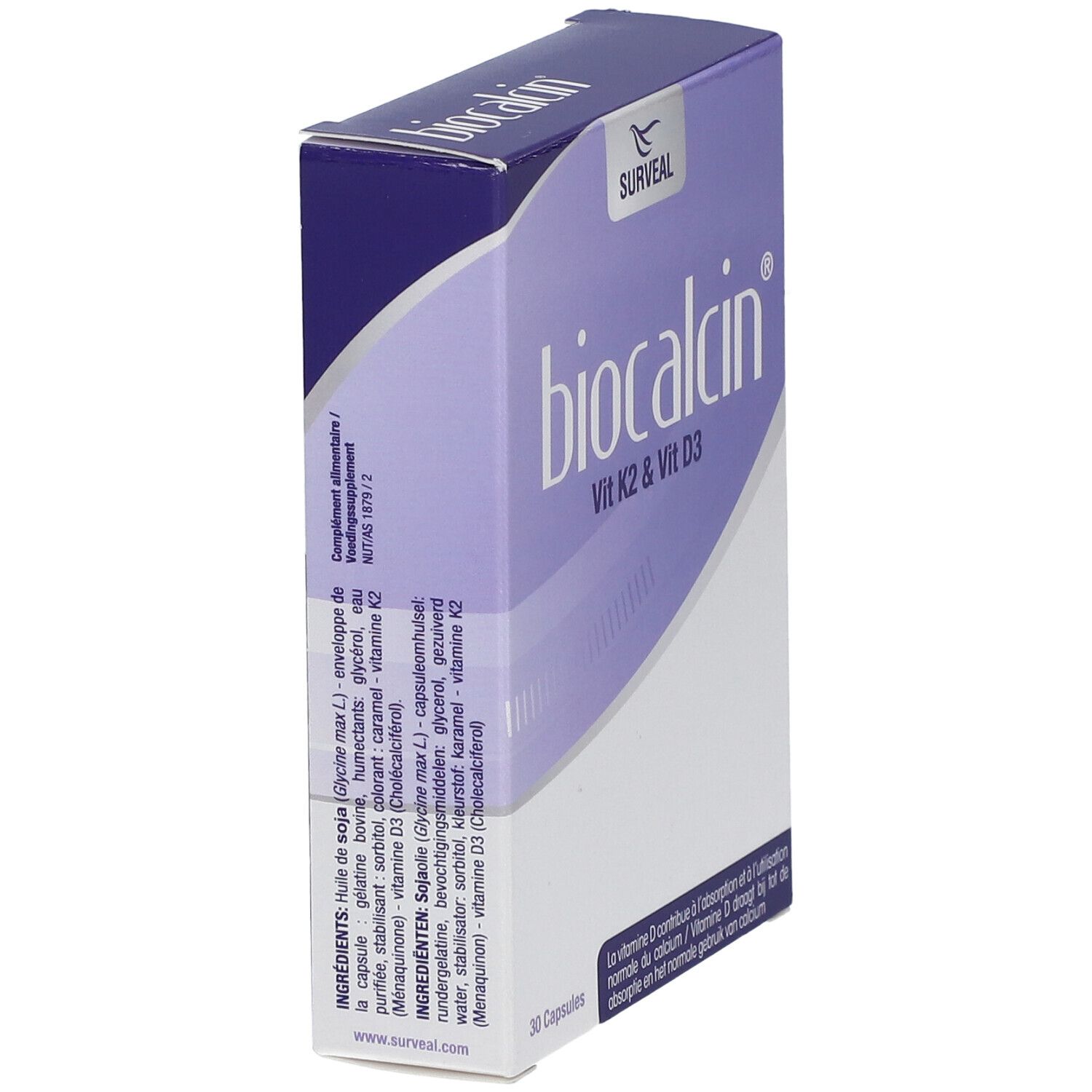 Boîte "biocalcin" avec ingrédients. Inscription: Vit K2 & Vit D3. Marque: Surveal.