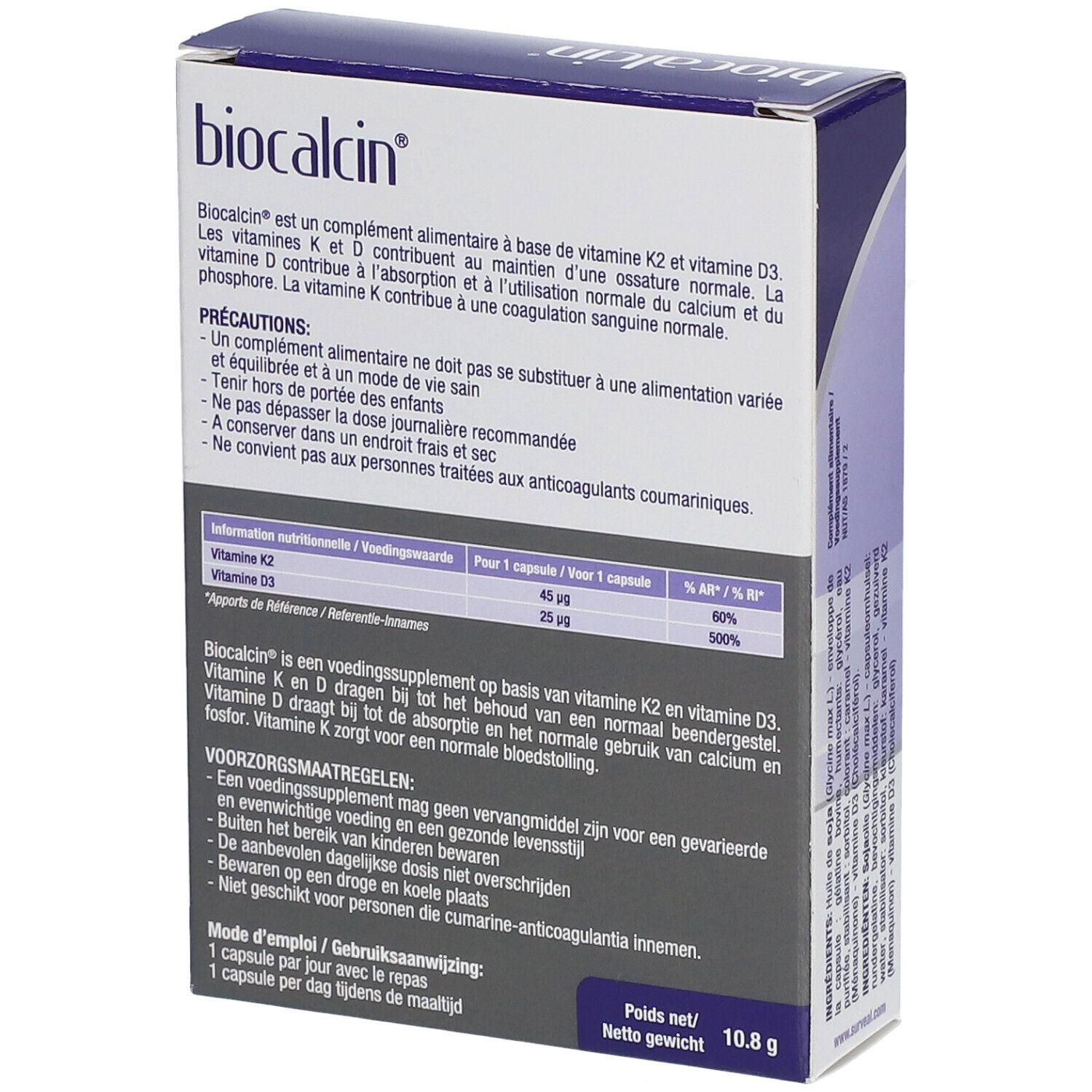 Dos de la boîte "biocalcin". Texte sur ingrédients et utilisation. Marque: Surveal.