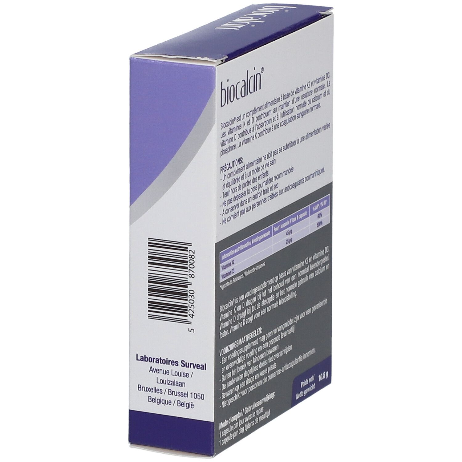 Vue latérale de la boîte "biocalcin" avec texte et code-barres. Marque: Surveal.