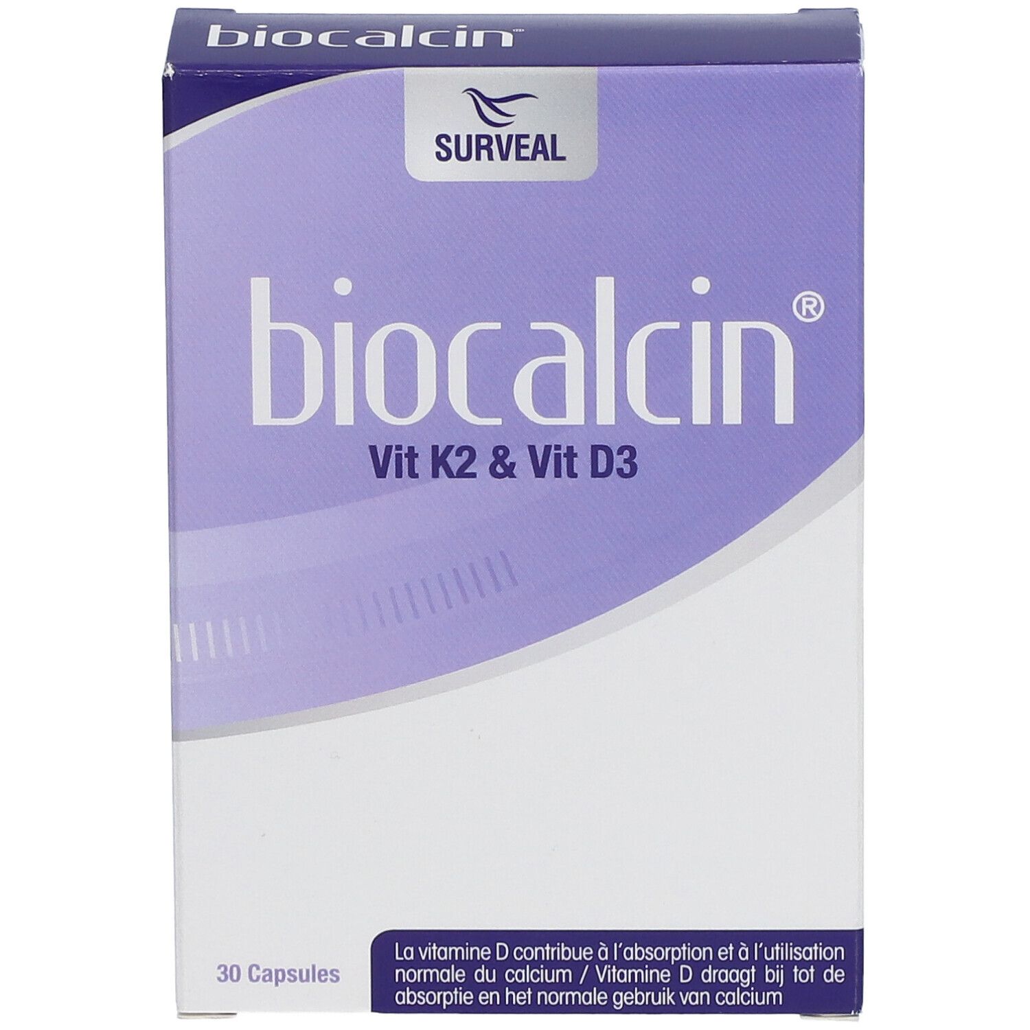 Face avant de la boîte "biocalcin". Inscription: Vit K2 & Vit D3. 30 gélules. Marque: Surveal.