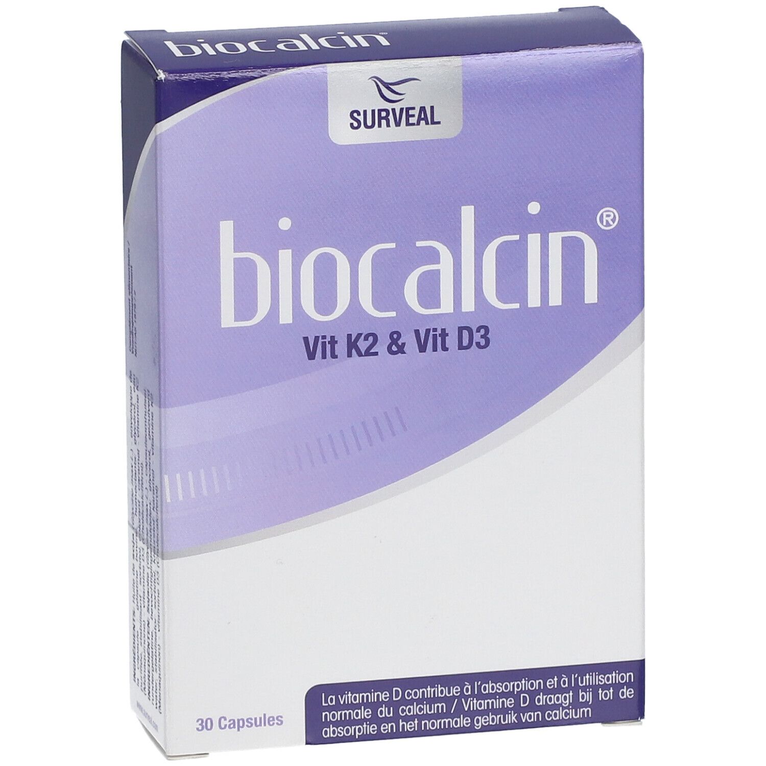 Face avant de la boîte "biocalcin". Inscription: Vit K2 & Vit D3. 30 gélules. Marque: Surveal.