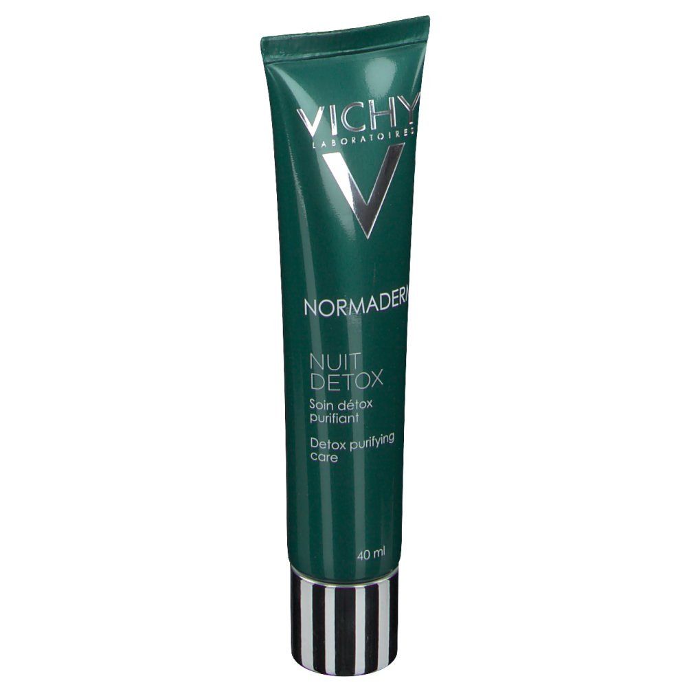 Grüne Tube mit Vichy-Logo und Produktname Normaderm Nuit Detox. Schwarze und weiße Streifen am Boden.