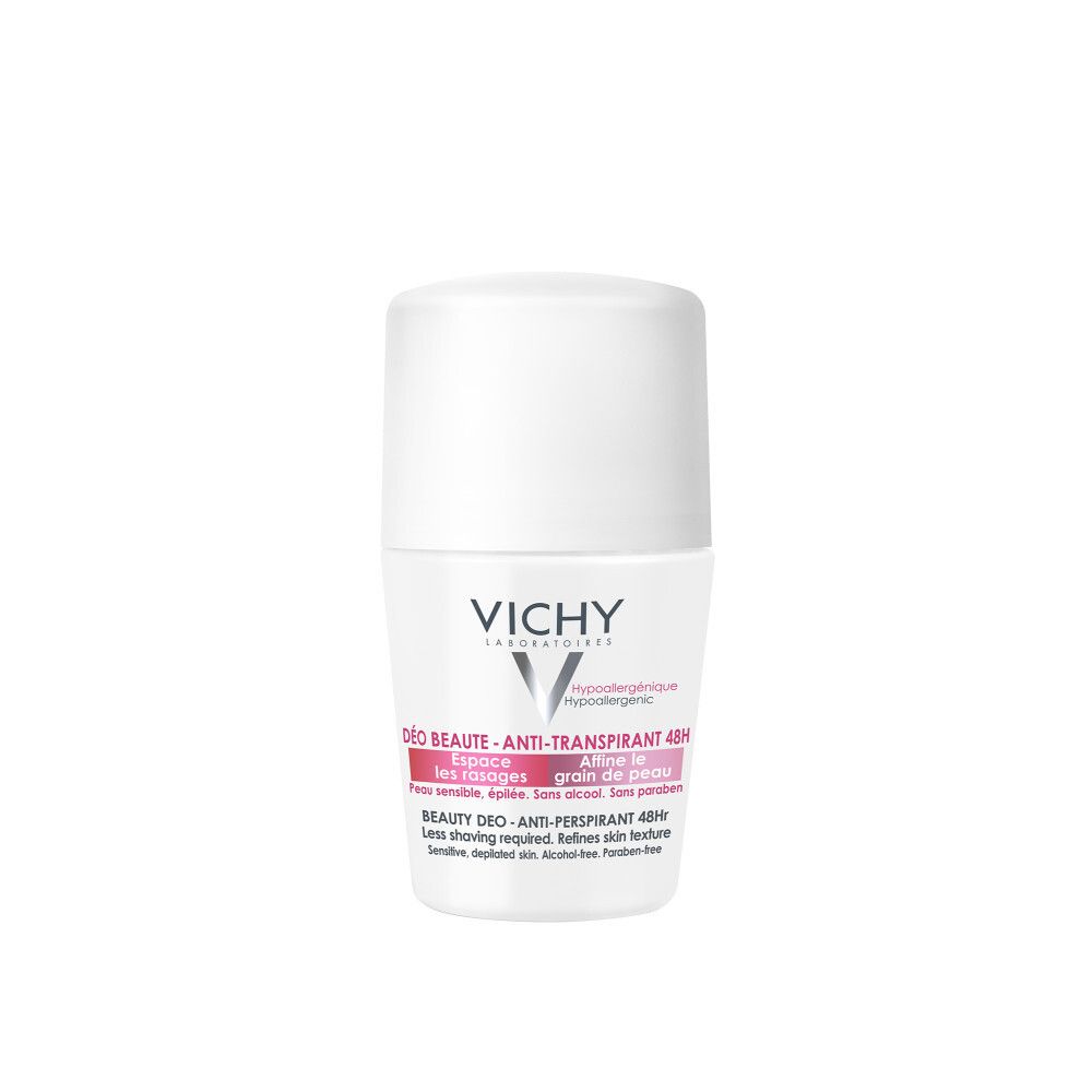 Witte roll-on deodorant VICHY. Tekst: Déo Beauté Anti-Transpirant 48h. Hypoallergeen. Voor gevoelige huid.