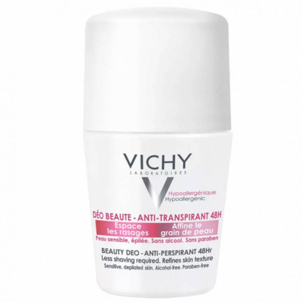 Witte roll-on deodorant van VICHY. Tekst: Déo Beauté Anti-Transpirant 48h. Hypoallergeen. Voor gevoelige huid.