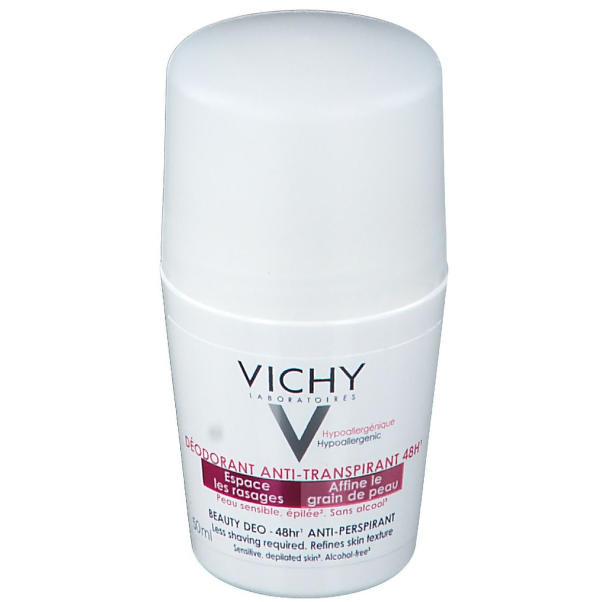 Witte roll-on deodorant VICHY. Tekst: Déo Anti-Transpirant 48h. Hypoallergeen. Voor gevoelige huid. 50ml.