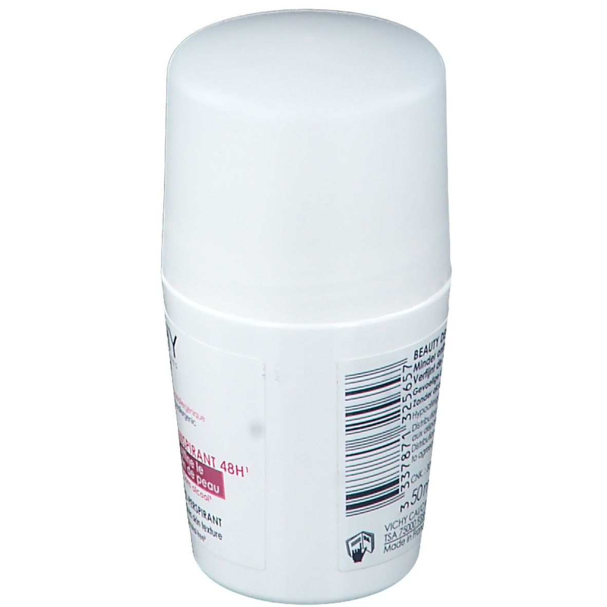 Witte roll-on deodorant VICHY. Achterkant met barcode en tekst. 50ml. Déo Anti-Transpirant 48h.