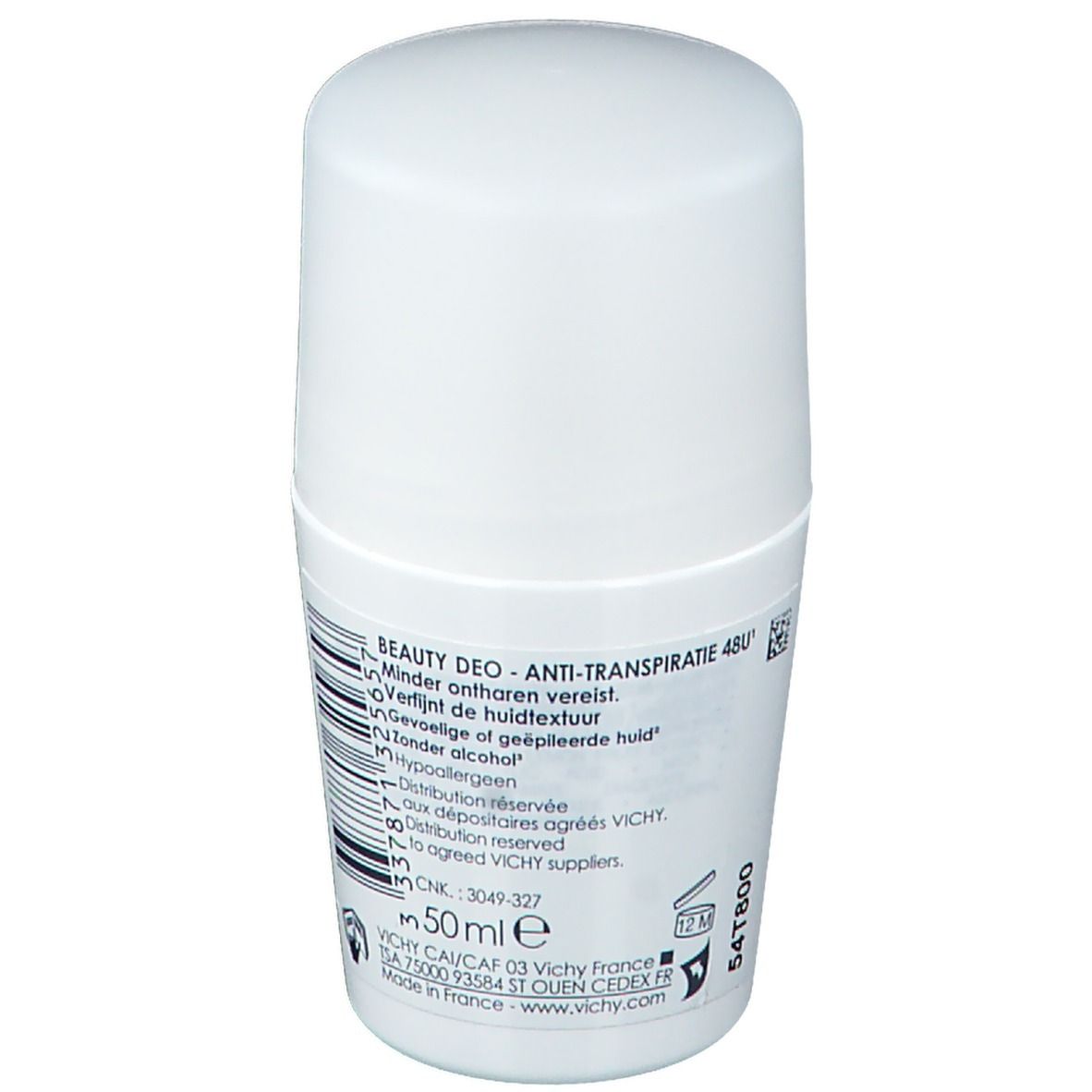 Witte roll-on deodorant VICHY. Achterkant met tekst. 50ml. Déo Anti-Transpirant 48h. Zonder alcohol.