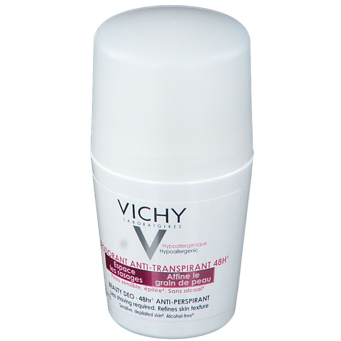Witte roll-on deodorant VICHY. Tekst: Déo Anti-Transpirant 48h. Hypoallergeen. Voor gevoelige huid. 50ml.
