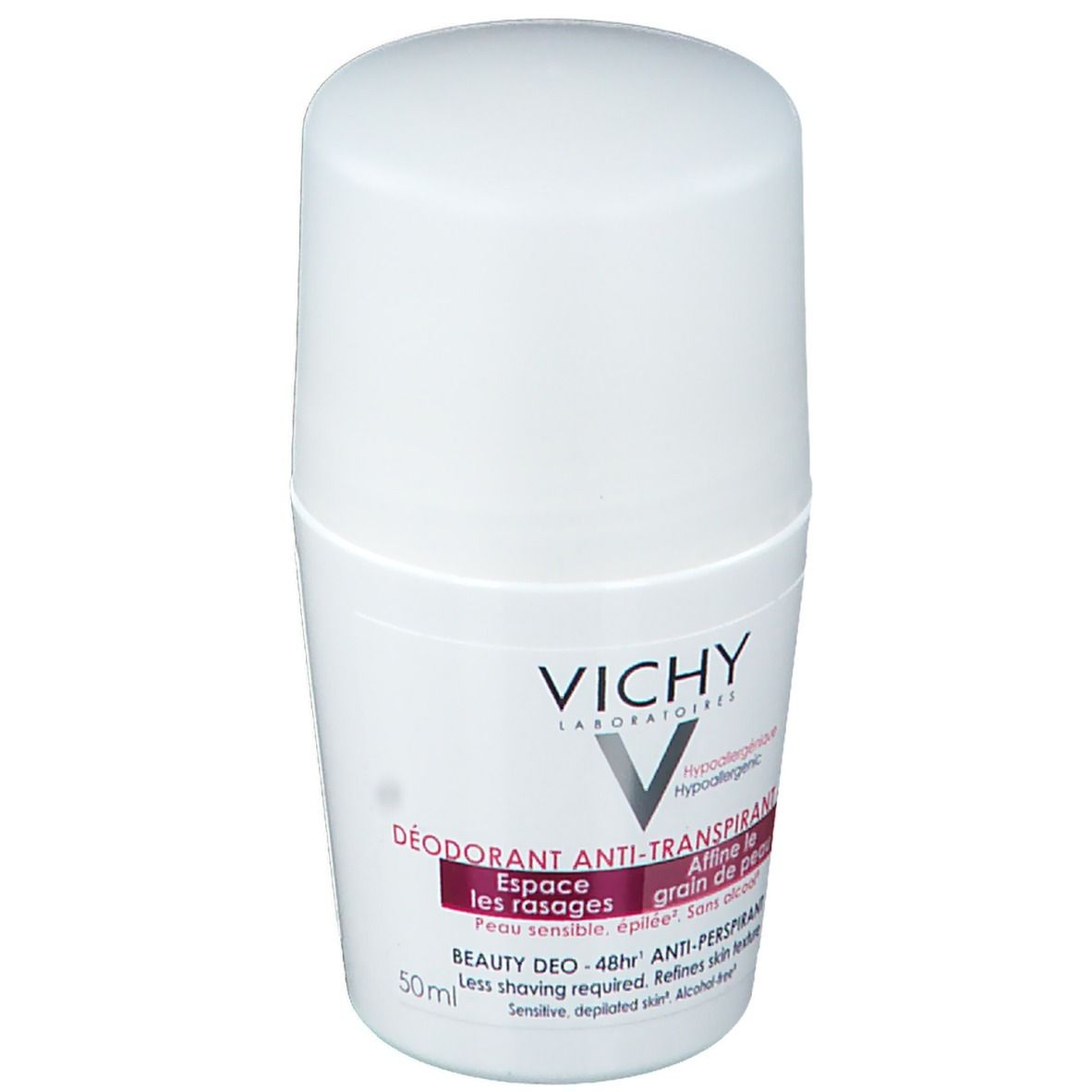 Witte roll-on deodorant VICHY. Tekst: Déo Anti-Transpirant 48h. Hypoallergeen. Voor gevoelige huid. 50ml.