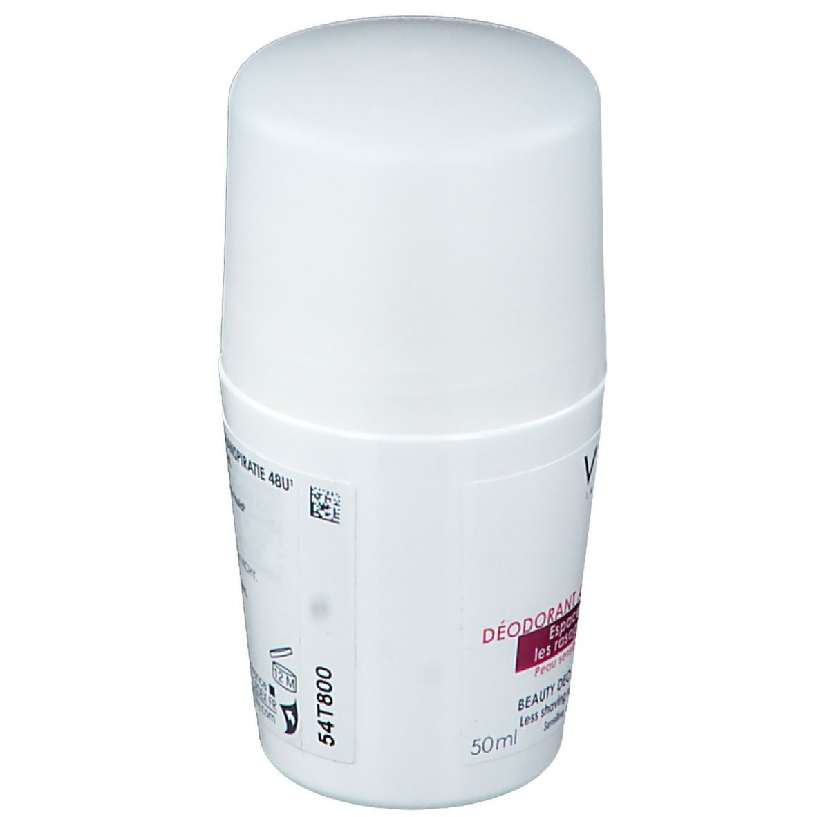 Witte roll-on deodorant VICHY. Achterkant met tekst. 50ml. Déo Anti-Transpirant 48h. Zonder alcohol.