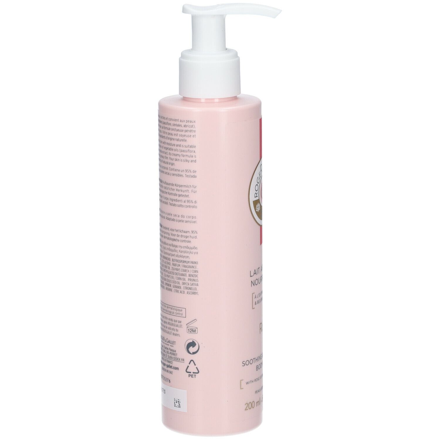 Lotion pour le corps rose avec pompe. Dos avec texte. Logo: Roger & Gallet.