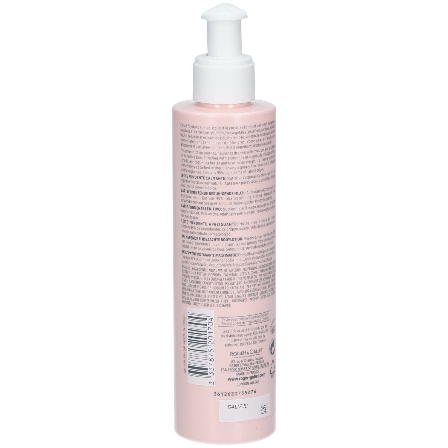 Lotion pour le corps rose avec pompe. Dos avec texte et code-barres. Logo: Roger & Gallet.