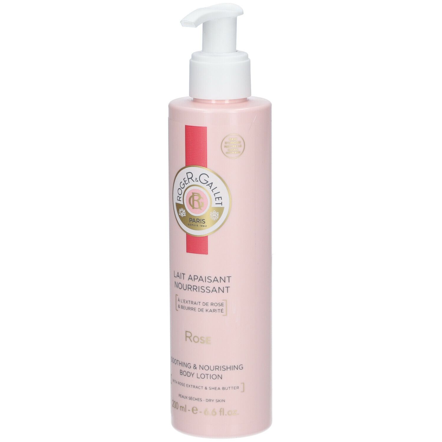 Lotion pour le corps rose avec pompe. Texte: Roger & Gallet, Lait Apaisant Nourrissant, Rose, Soothing & Nourishing Body Lotion.