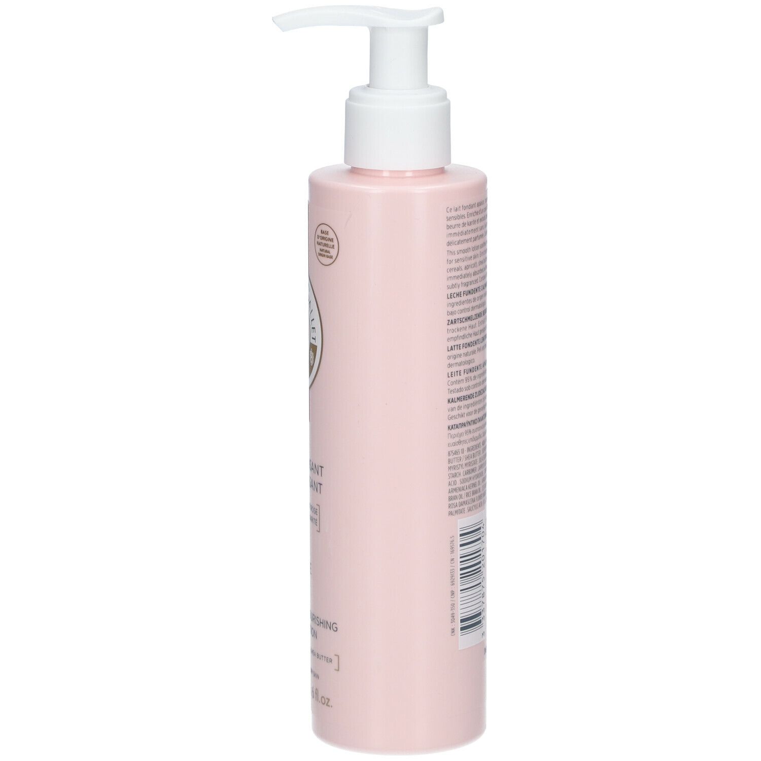 Lotion pour le corps rose avec pompe. Dos avec texte. Logo: Roger & Gallet.