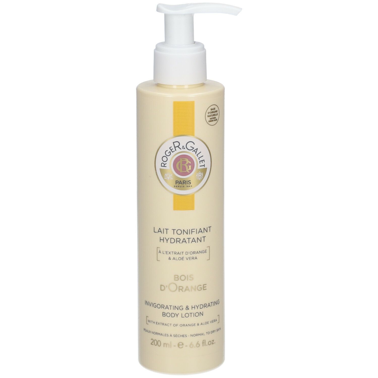 Beige Flasche mit weißem Pumpkopf. Aufschrift: Roger & Gallet, Lait Tonifiant Hydratant, Bois d'Orange.
