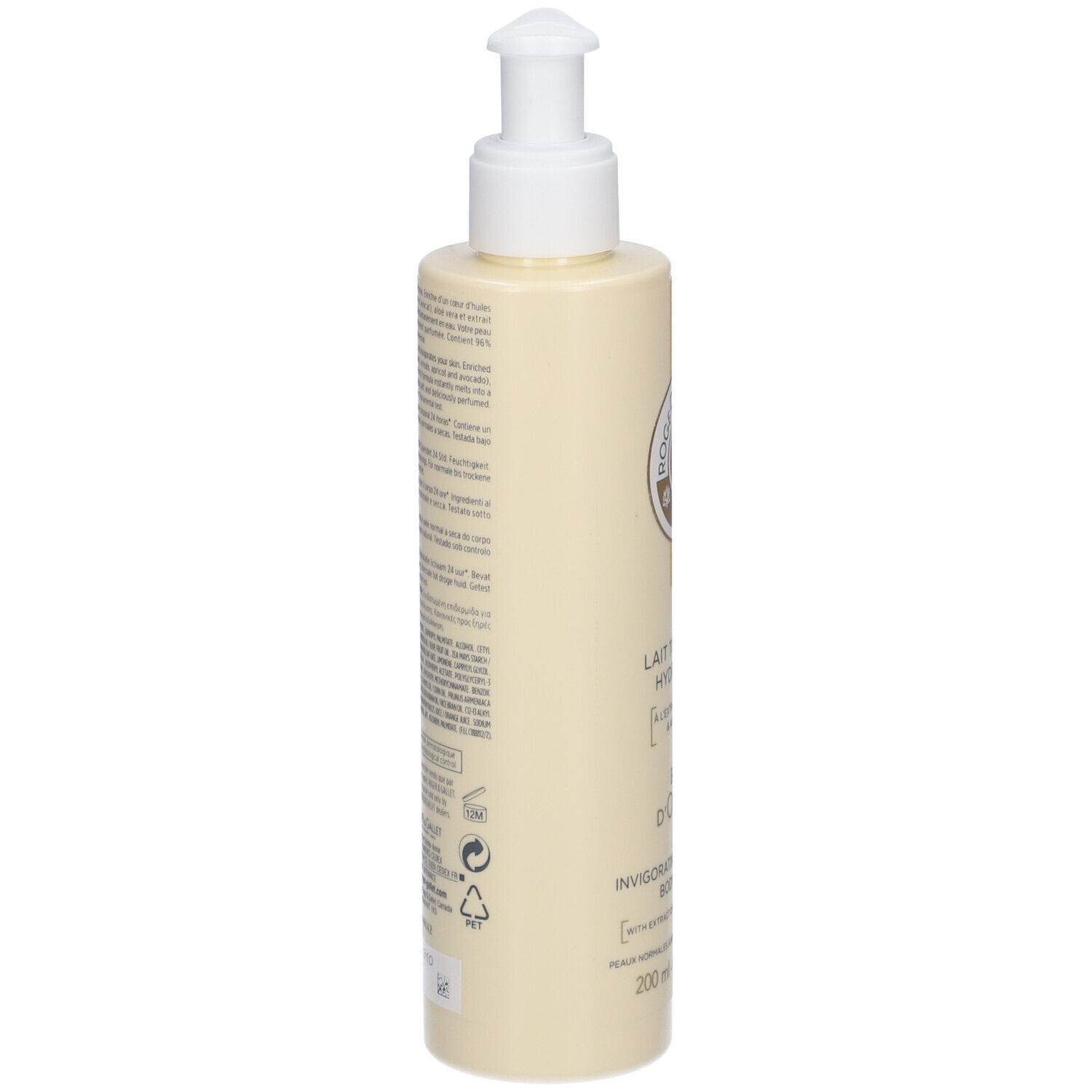 Beige Flasche mit weißem Pumpkopf. Text auf der Rückseite. Logo und Text: Roger & Gallet.