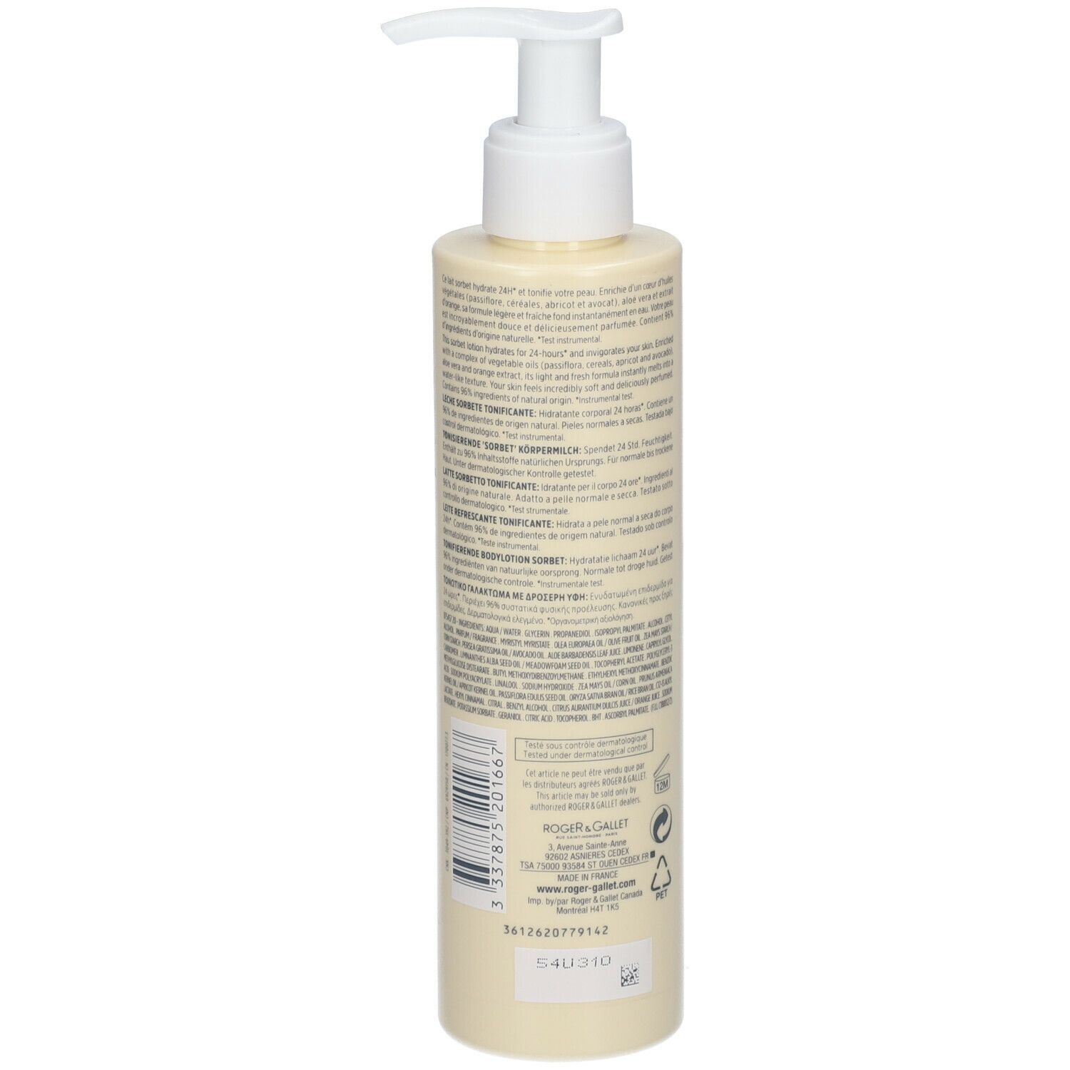 Beige Flasche mit weißem Pumpkopf. Text auf der Rückseite. Logo und Text: Roger & Gallet.