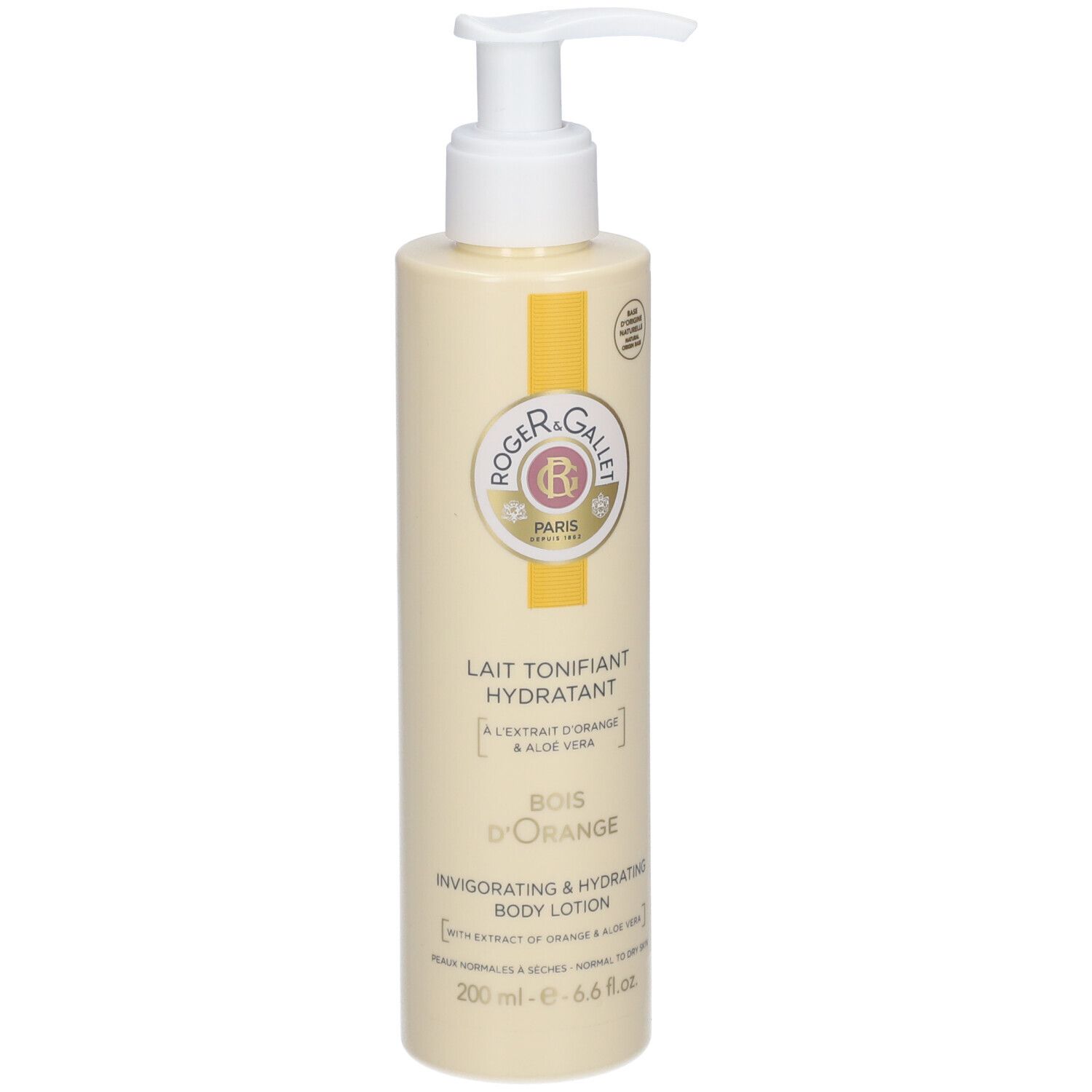 Beige Flasche mit weißem Pumpkopf. Aufschrift: Roger & Gallet, Lait Tonifiant Hydratant, Bois d'Orange.