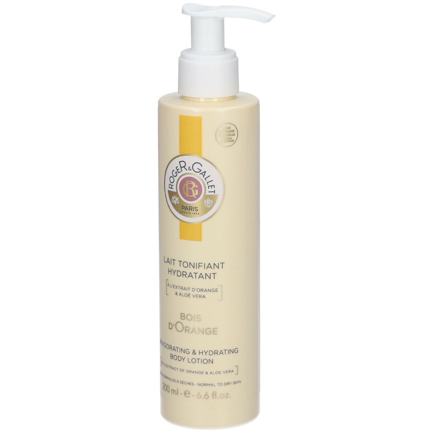 Beige Flasche mit weißem Pumpkopf. Aufschrift: Roger & Gallet, Lait Tonifiant Hydratant, Bois d'Orange.