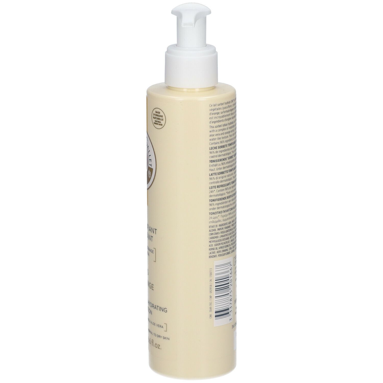 Beige Flasche mit weißem Pumpkopf. Text auf der Rückseite. Logo und Text: Roger & Gallet.