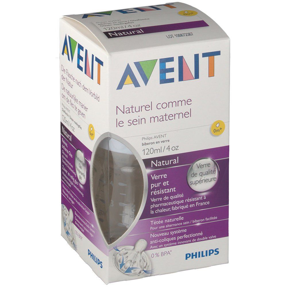 Avent Natural Saugflasche Glas in Verpackung. Flasche aus Glas, 120ml. Verpackung mit Produktinformationen.