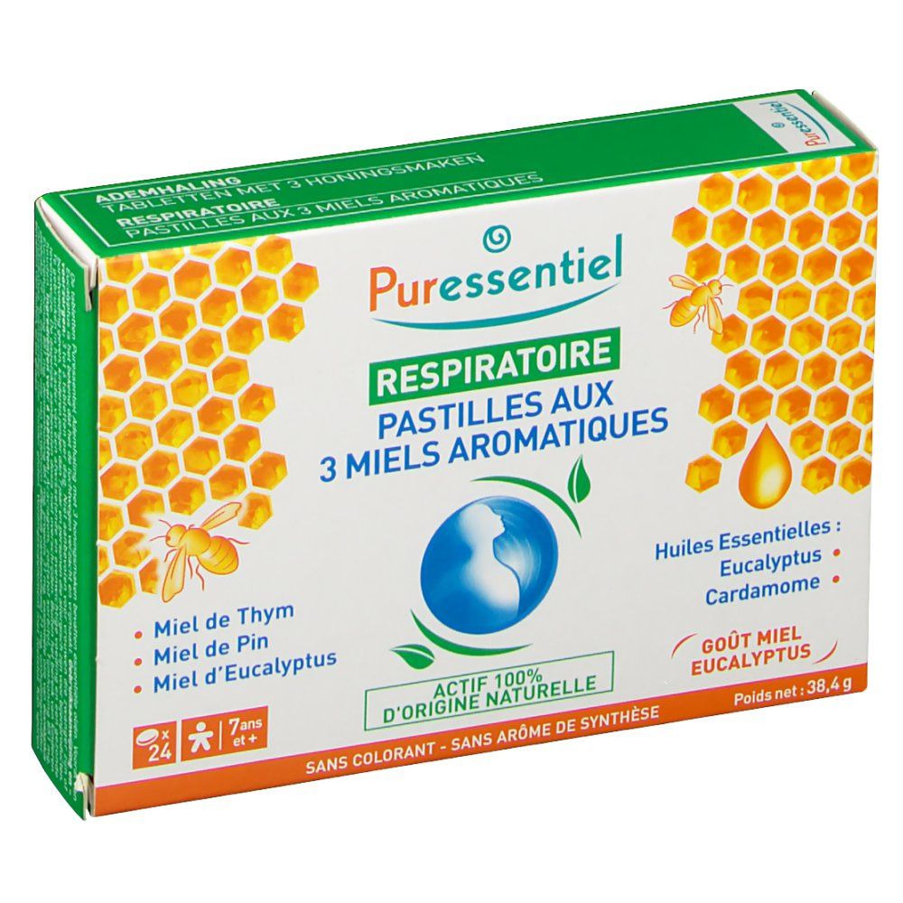 Puresentiel Atemwegs-Tabletten mit 3 Honigsorten. Verpackung mit Bienenwaben-Design, Produktnamen und Inhaltsstoffen.