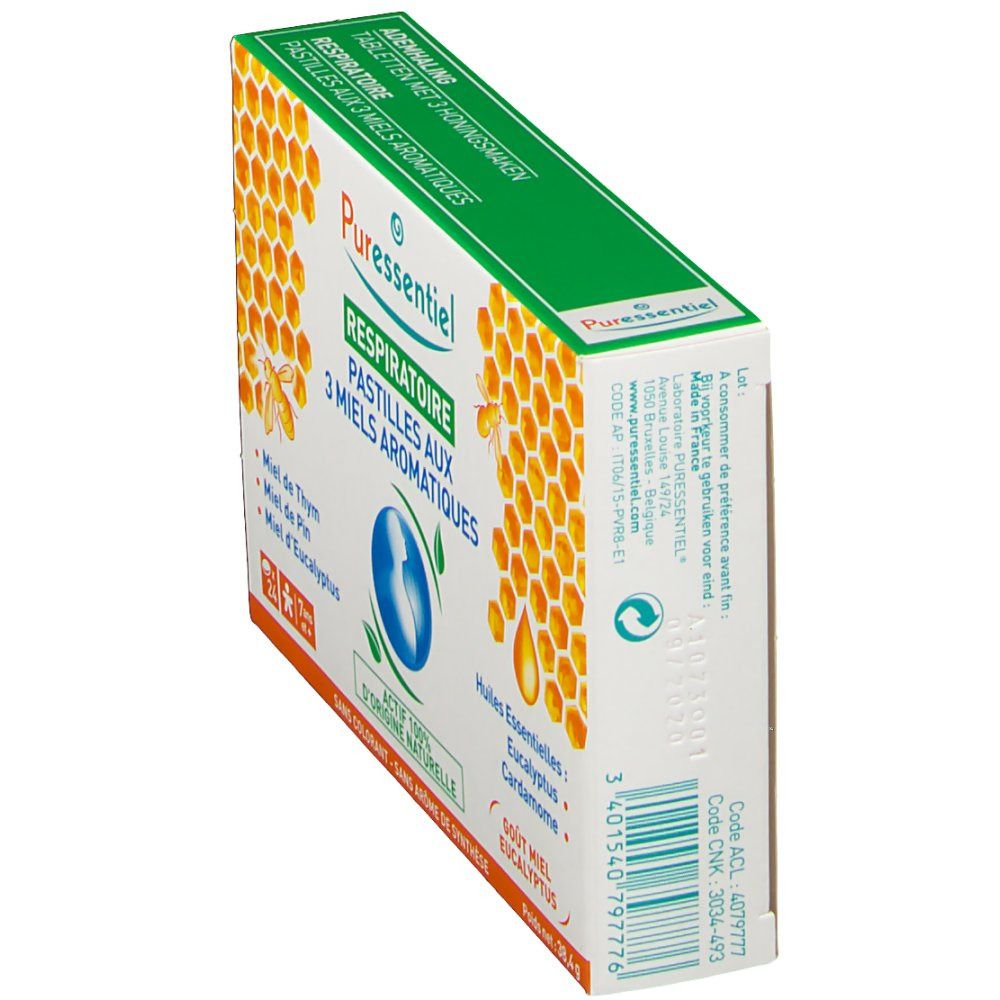 Puresentiel Atemwegs-Tabletten mit 3 Honigsorten. Verpackung mit Bienenwaben-Design, Produktnamen und Inhaltsstoffen.