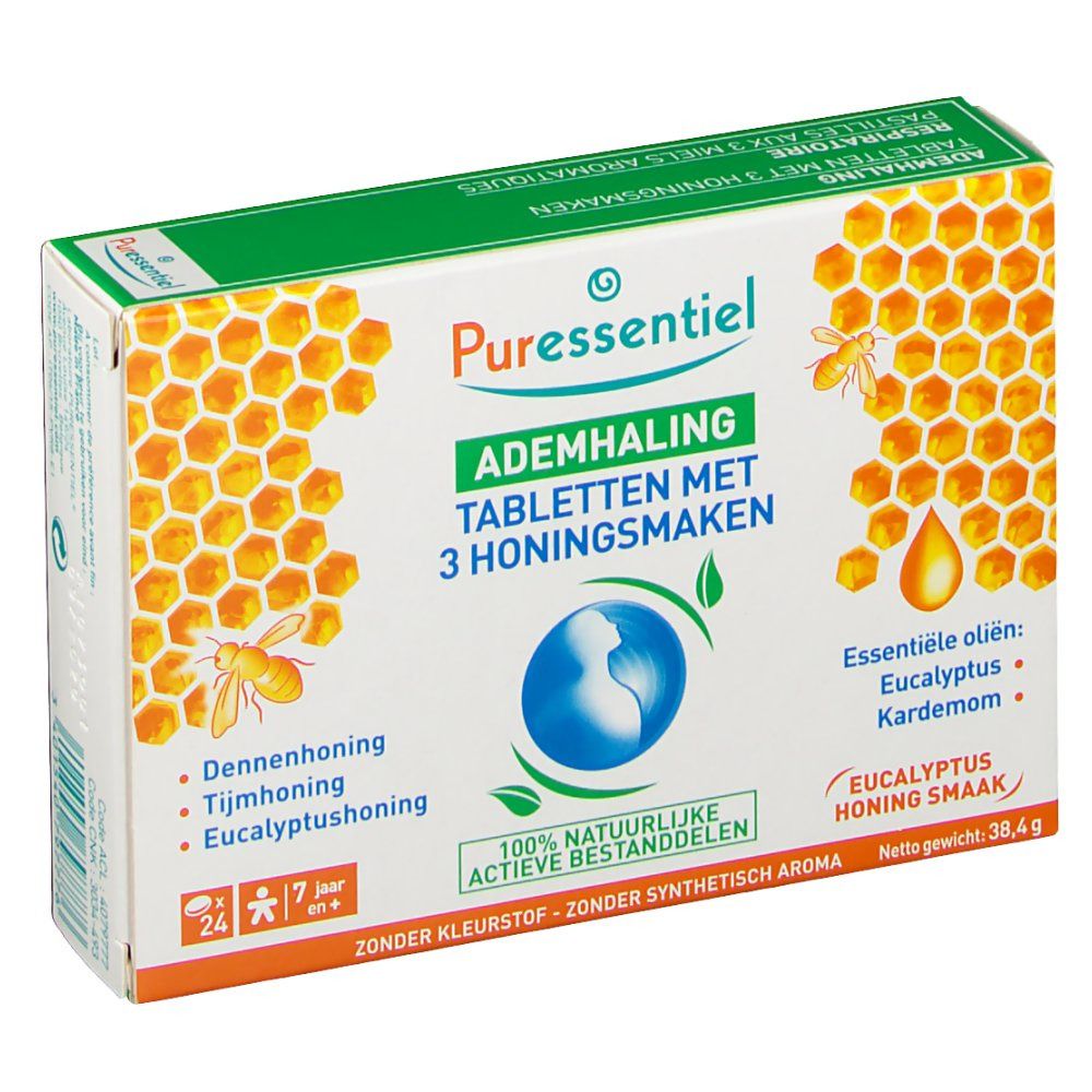 Puresentiel Atemwegs-Tabletten mit 3 Honigsorten. Verpackung mit Bienenwaben-Design, Produktnamen und Inhaltsstoffen.