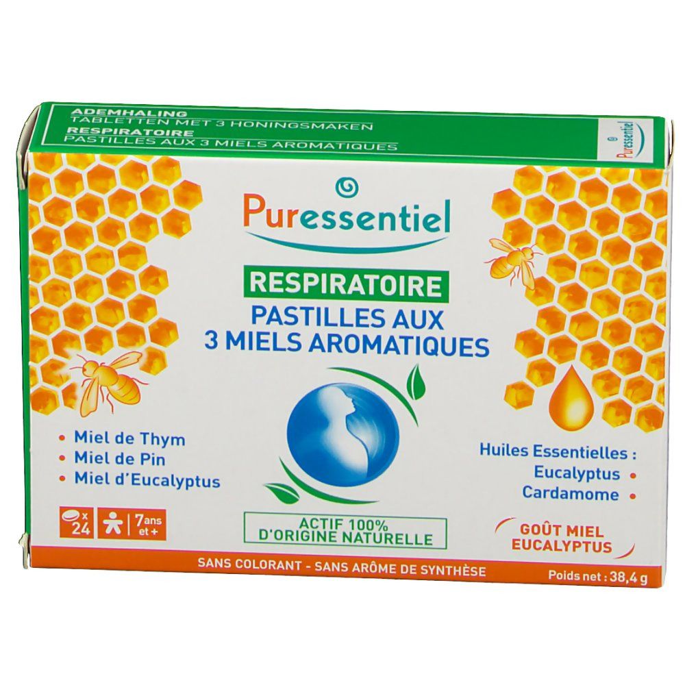 Puresentiel Atemwegs-Tabletten mit 3 Honigsorten. Verpackung mit Bienenwaben-Design, Produktnamen und Inhaltsstoffen.